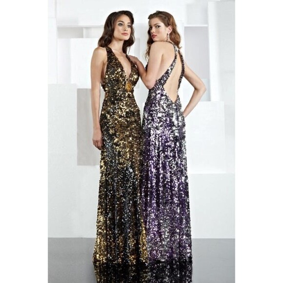 Xcite Sequin Halter Prom Dress 30134 Black/Gold - Picture 1 of 6